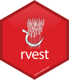 Hexagonal logo of the rvest package; a sickle cutting wheat on a red background.