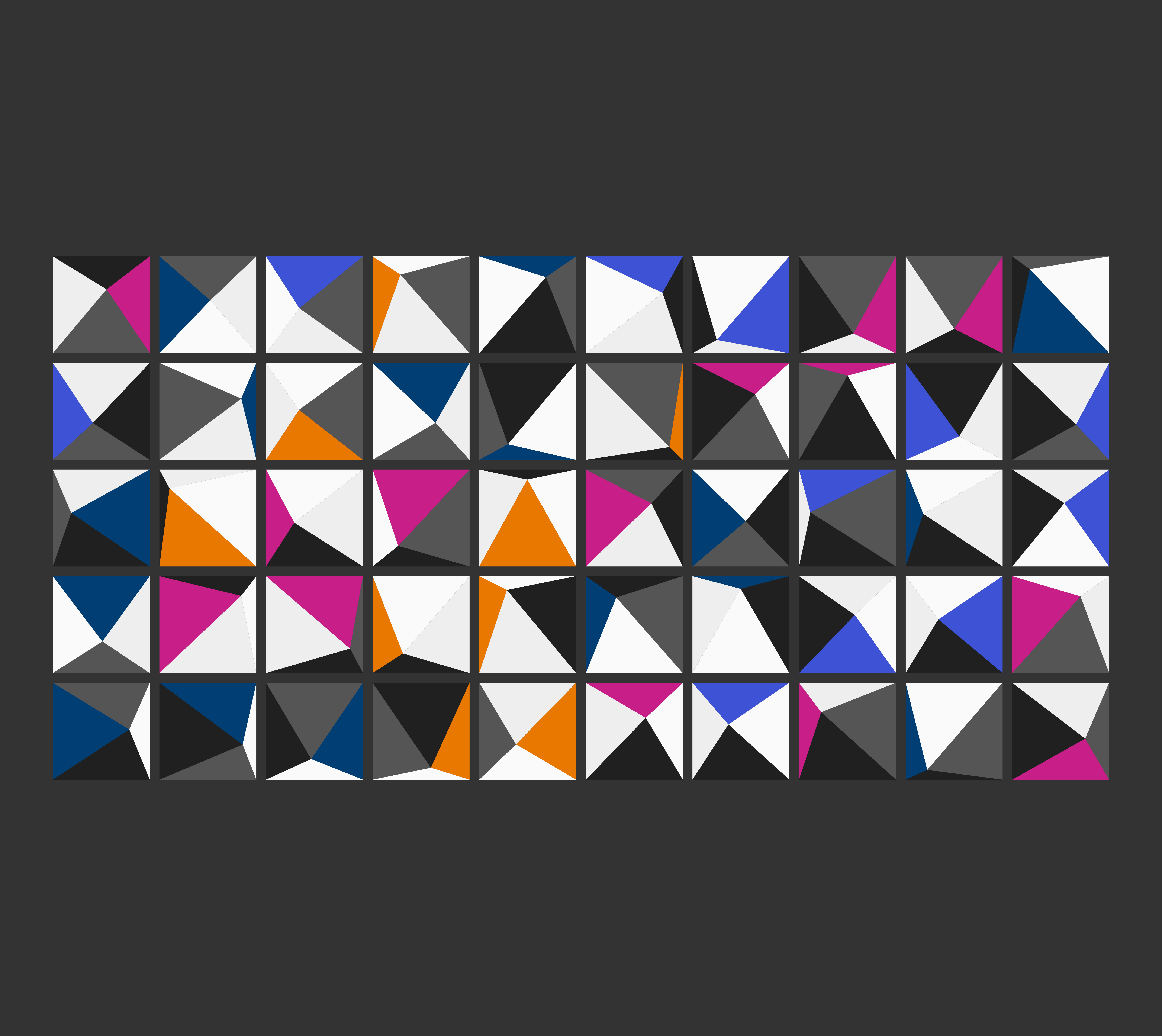 Grid of pyramids viewed from above each with one random side coloured in the zvplot colour palette.